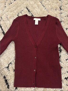 H&M Ribbed V-Neck Button Cardigan - Burgundy